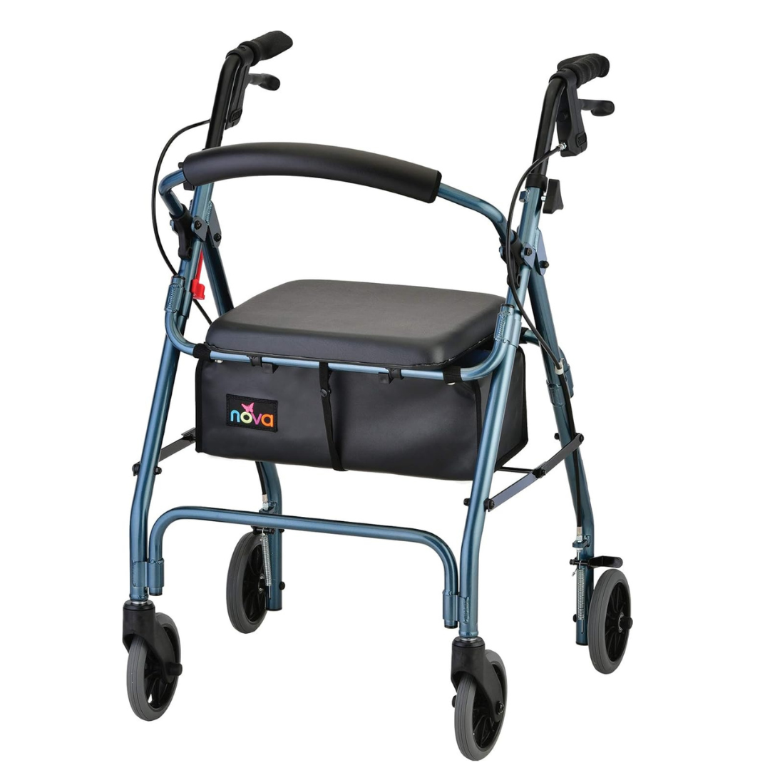 The Nova Medical GetGo Rolling Rollator Walker in classic blue features a comfy black padded seat, backrest, and handles. With four wheels and secure hand brakes, it includes a storage pouch with the nova logo and offers reliability in a petite design.
